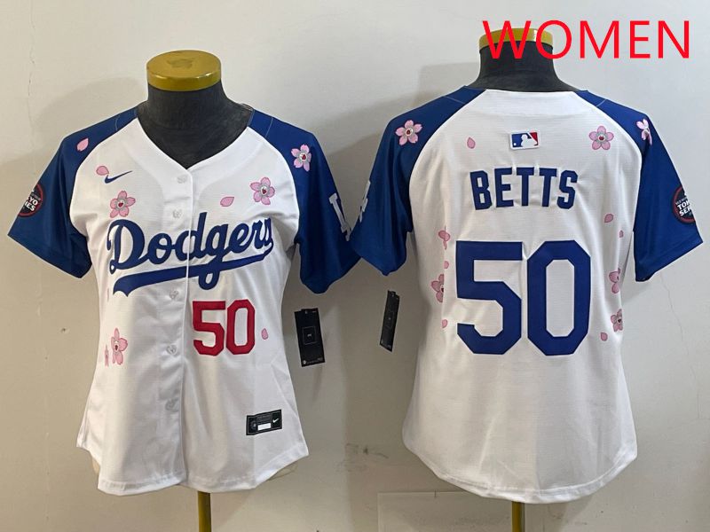 Women Los Angeles Dodgers 50 Betts White Blue Sakura Edition 2025 Nike MLB Jersey style 7